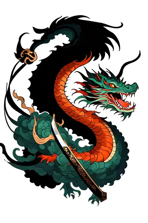 Dragon Flying Out Of Clouds And Around A Katana Blade Wrapped