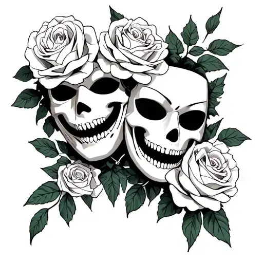 Comedy And Tragedy Masks White Roses Scary Death