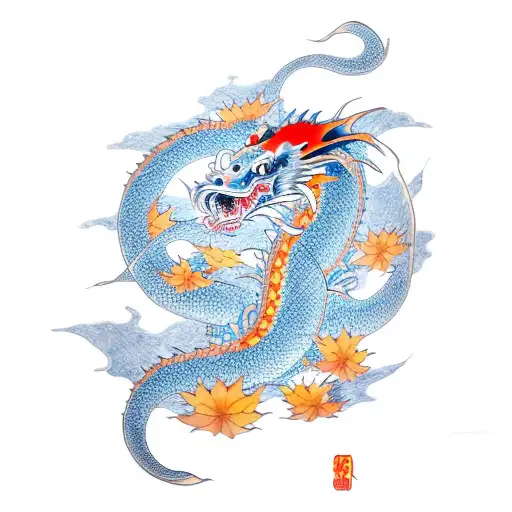 Asiatic Dragon With Koi Fish In A Fall