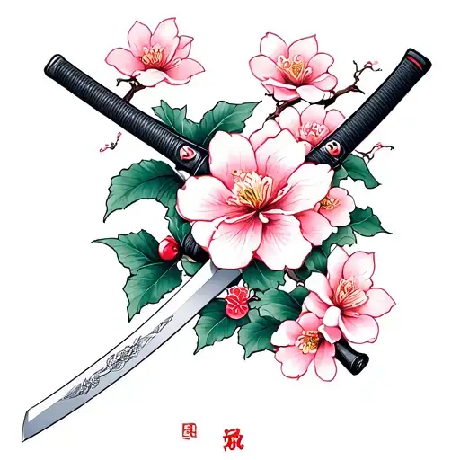 Katana And Cherry Blossom Flowers
