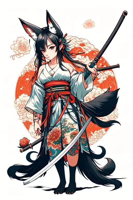 An Adult Girl With Fox Ears And Tail With A Katana In Her Hands Surrounded