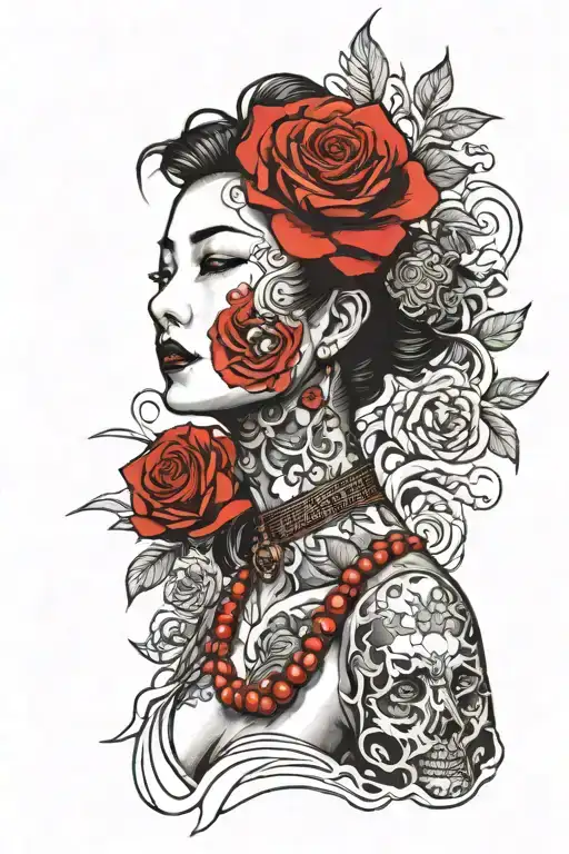Realistic Woman Face With Red Rose At Neck Location
