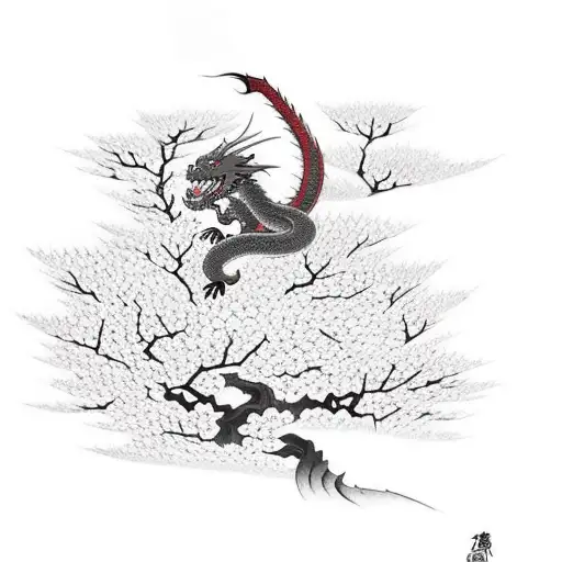 A Ninja Stealthily Climbing A Cherry Blossom Tree With A Dragon Soaring Above
