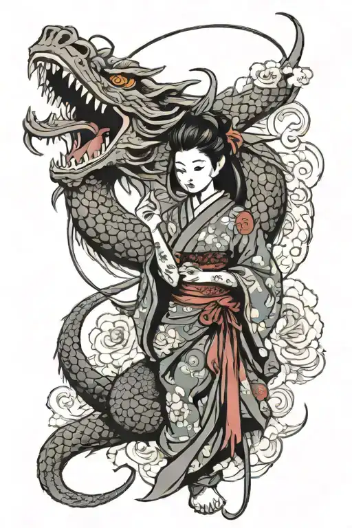 Traditional Japanese Style Tattoo Dragon And Samurai Girl With A Tattoo Machine
