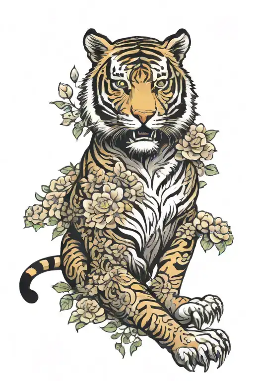 Whole Body Tiger With Flowers Surrounding Them