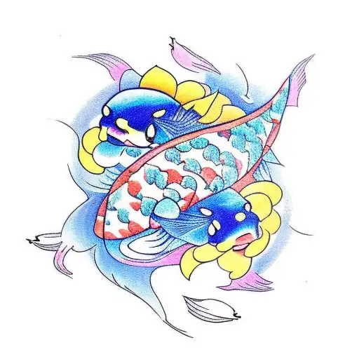 Two Koi Fish With Flower Crown And Little Stars