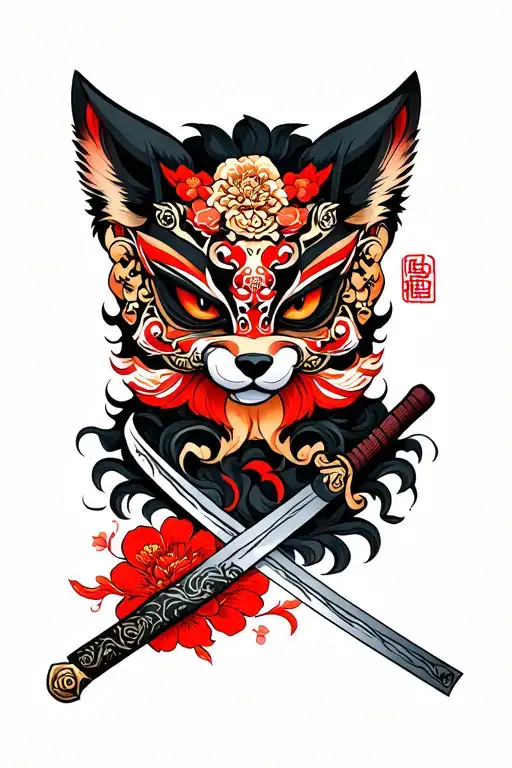 Kitsune Oni Mask Katana Sword