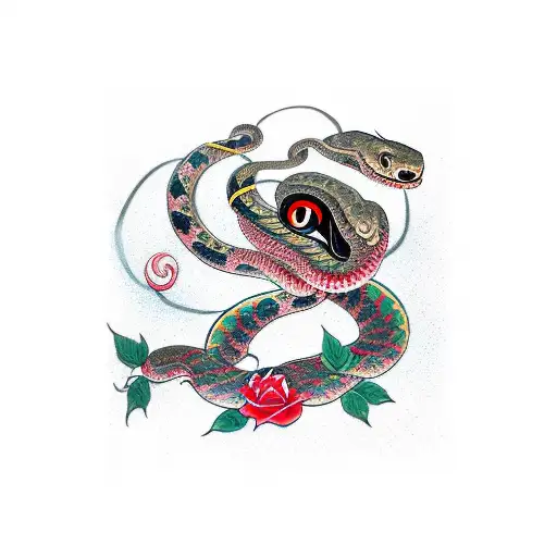 Snake With Glowing Eyes And Roses