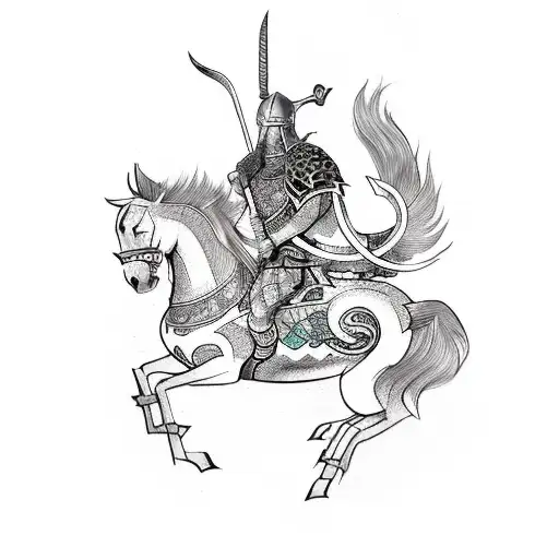 A Mythical Viking Warrior Riding A Horse With Irezumi-inspired Armor