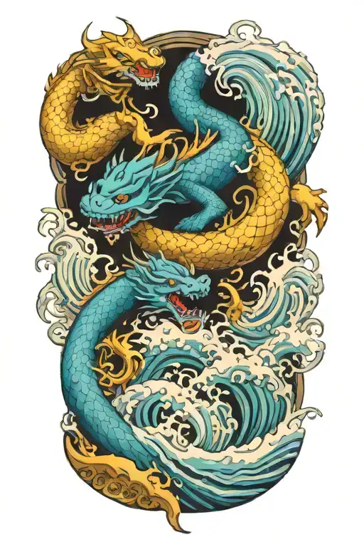 Spirit Dragons With Japanese Waves Crashing