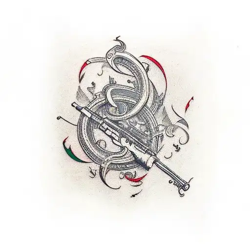 An Elegant Composition Of A Vintage Gun Intertwined With Musical Notes And Instruments