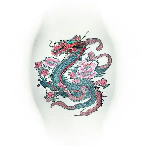 Dragon With Flowers And Beautiful Geisha With Long Hair