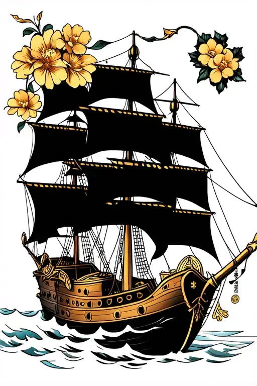 Pirate Ship Flowers Treasure Gold Sea Ocean