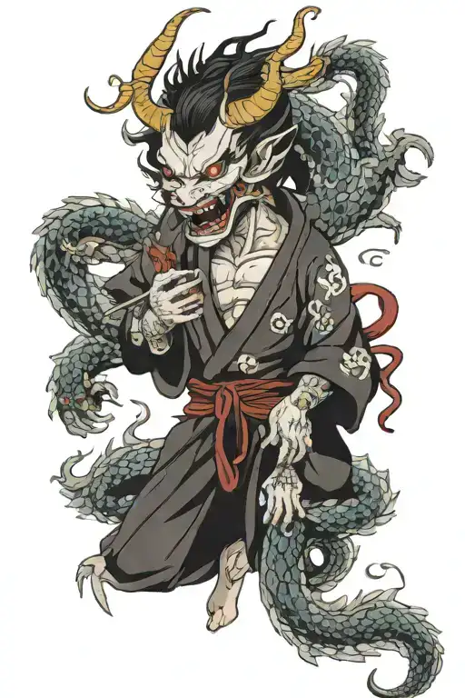 Dragon Holding Hannya Mask In One Hand And Pearl In Other