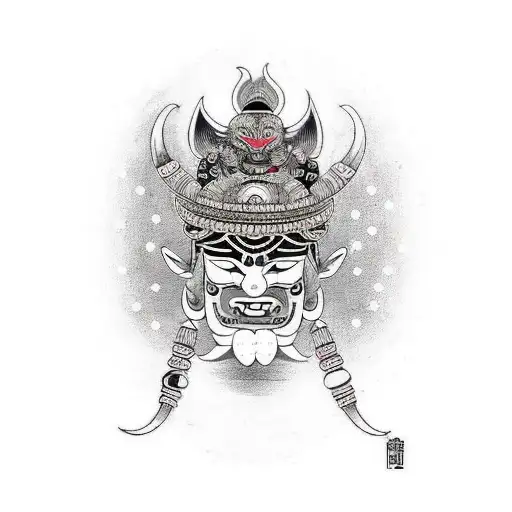 A Fusion Of Japanese And Indian Culture With A Tattoo Of A Punjabi Sikh Wearing An Oni Mask