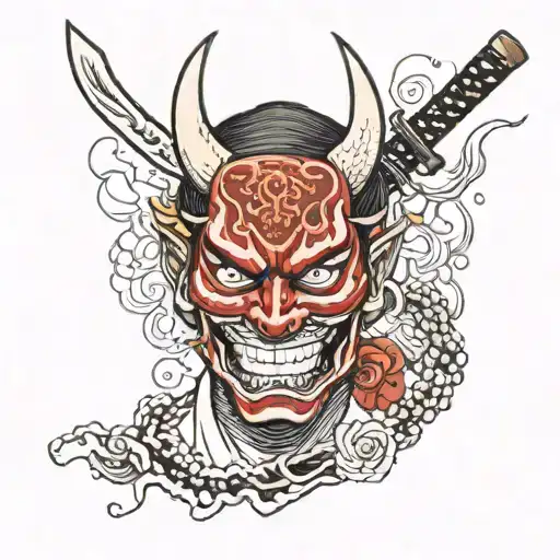 Katana Through A Bloody Head Wearing A Hannya Mask