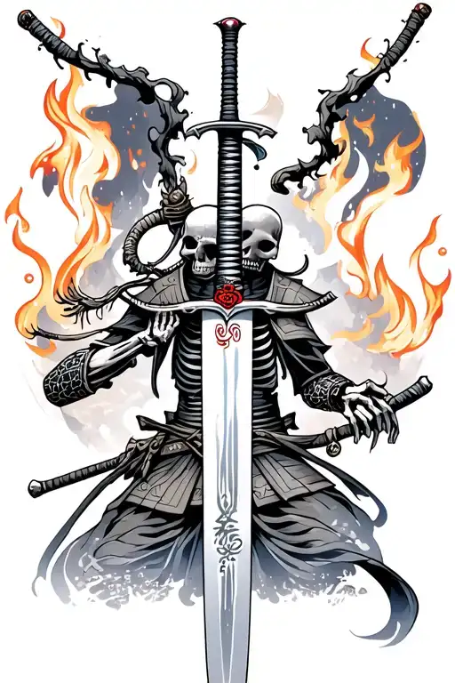 Skeleton Samurai Behind A Samurai Sword And In Background A Fire