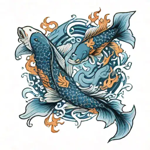 Yin And Yang Koi Fish Swimming In A Circle With A Pool Of Blue Spiritual Flames In The Background