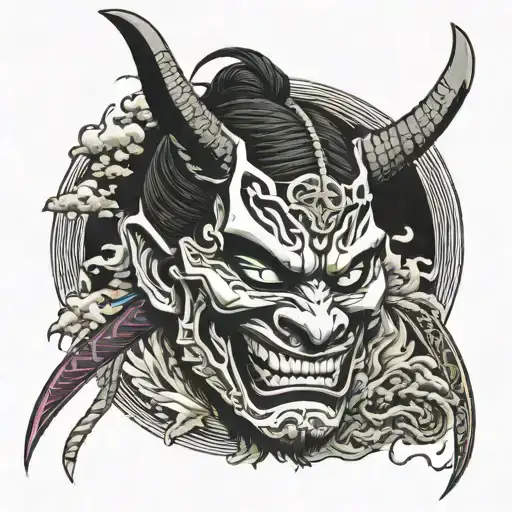 Katana Through A Decapitated Head Wearing A Hannya Mask