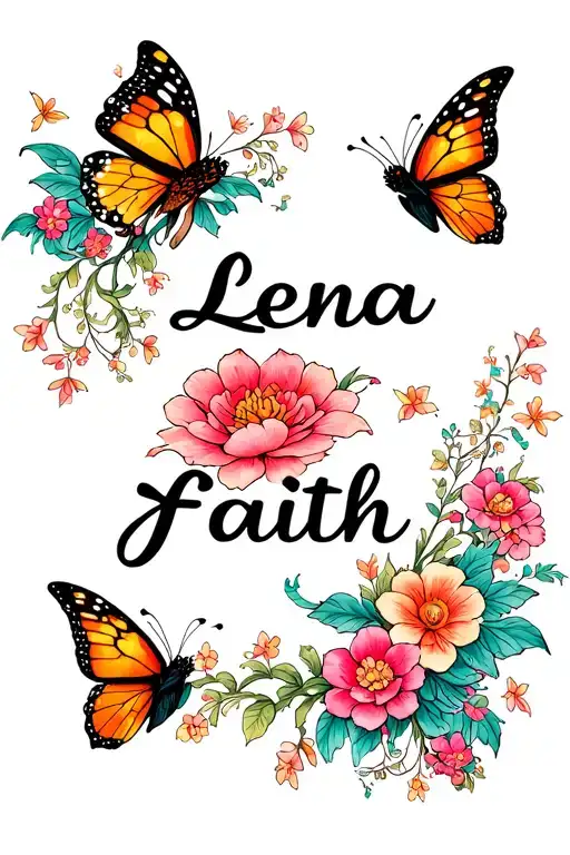 The Name Lena Faith In Cursive With Fairy Stuff Flowers And Butterflies
