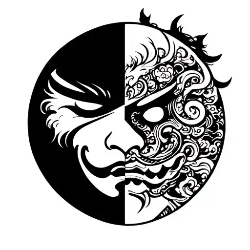 Samurai In Symbolism And Yang Face On Half Closed Oni Mask