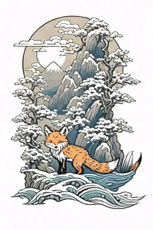 A Fox In A Snowy Japanese Landscape With Sea And Mountains