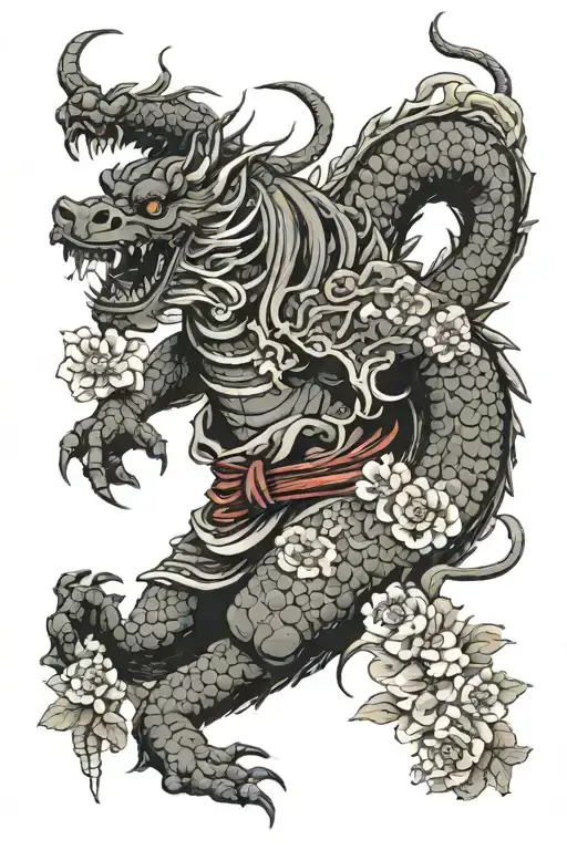 Samurai Demon Dragon With Flowers