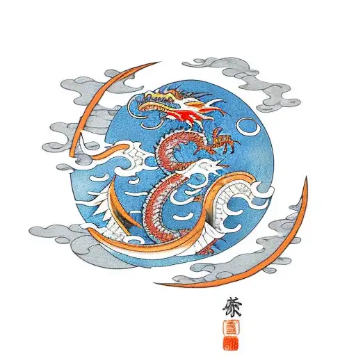 Dragon In The Waves With A Moon In The Sky