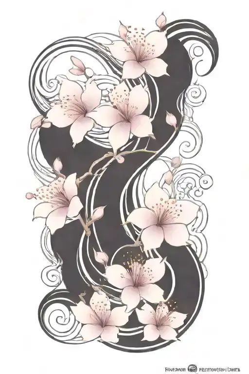 Cherry Blossom Petals On Vine With Waves Going Up Thigh
