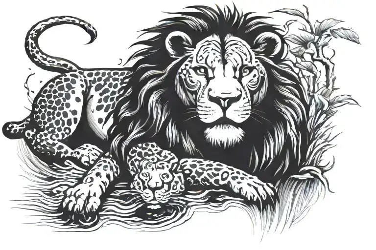 Lion Lying By The Water Looking At His Own Reflection In The Water