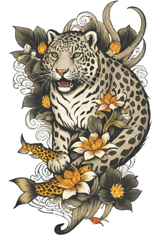 Snow Leopard And Koi Fish Swimming Upstream Lotus Flowers