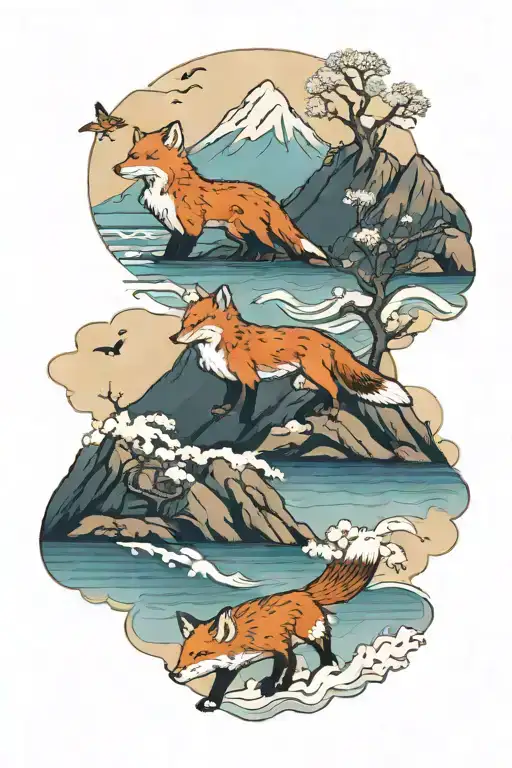 Snowy Mountains And Sea And A Fox In Japan