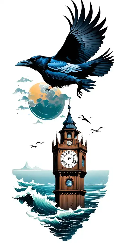 Full Sleeve Tattoo Featuring A Raven Flying Around A Clock Tower With An Ocean Background