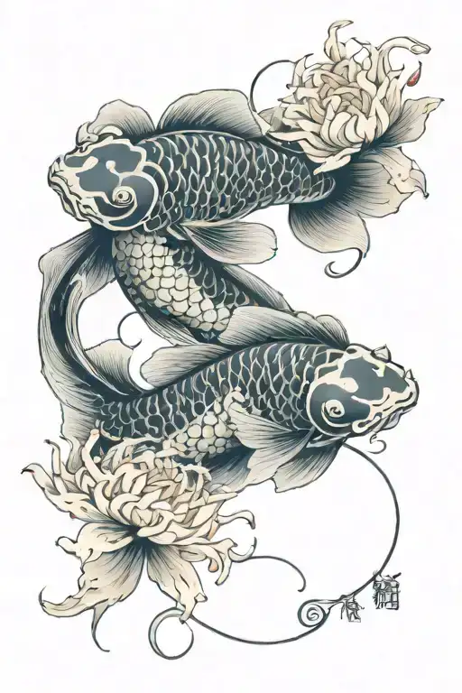 Two Koi Fish Swimming Gracefully With Spider Lilies Blooming Along And Waves