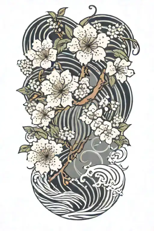 Cherry Blossom Petals On Vine With Waves Going Up Thigh
