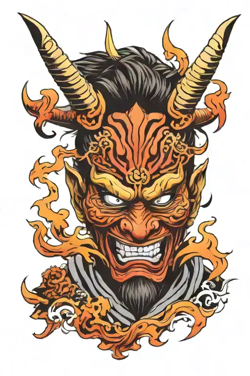 Samurai Demon Mask In Fiery Guise And Japanese Style