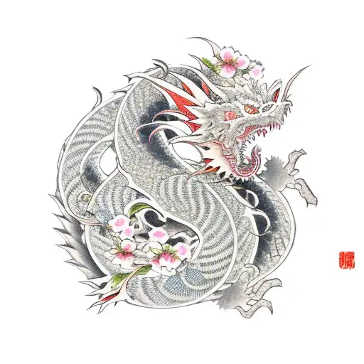 Japanese Dragon Wrapping Around A Katana With Cherry Blossoms Around It