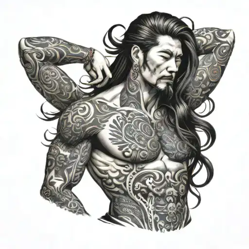 Long Hair Korean Male Torso And Head Tattoo Inspired Tattoo Featuring
