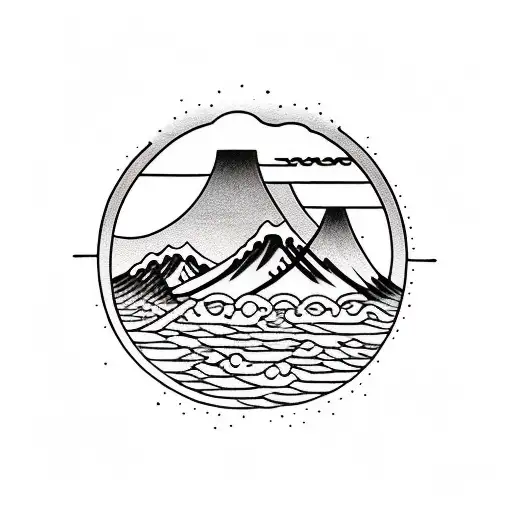 Circle With Mountains And A River Into A Lake And A Sailboat On The Lake