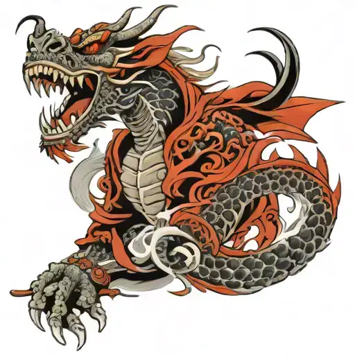 Asian Smoke Dragon And Samurai Skull Warrior