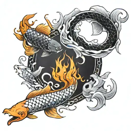 Yin And Yang Koi Fish Swimming In A Circle With A Pool Of Spiritual Flames In The Background