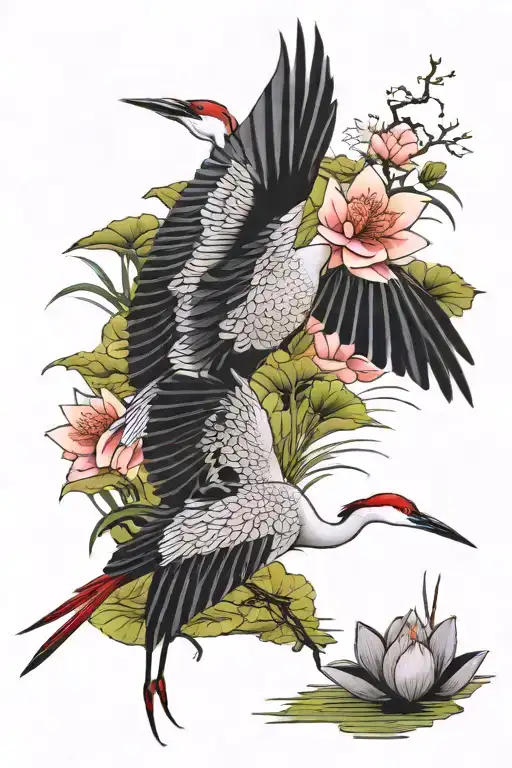 Crane With Lotus And Lily Pads