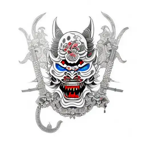 Color Mask Of Oni Deamon With Double Katana And Sakura