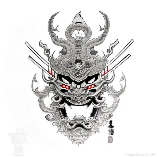 Mask Of Deamon Oni With Katana And Rift On Face