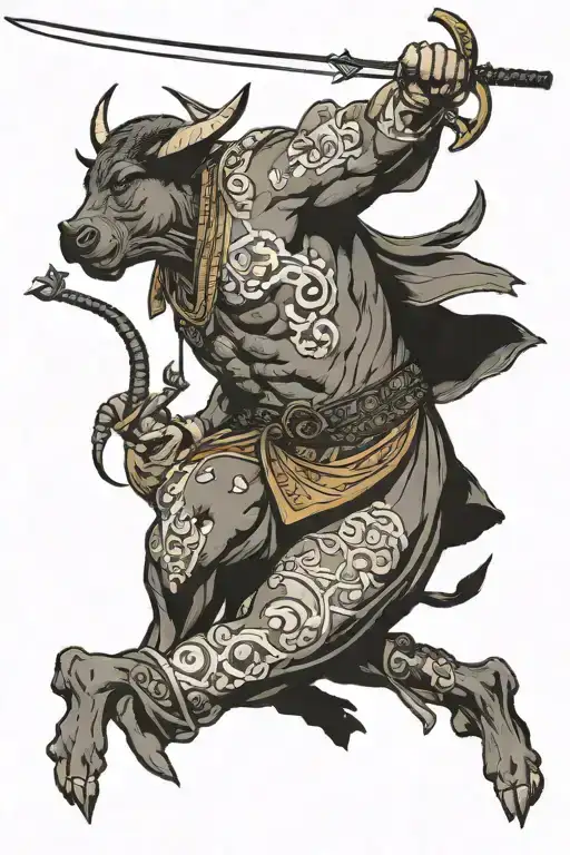 Stone Archer Knocking An Arrow Aimed At A Black Bull