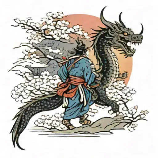 Samurai Walking Into The Sunset Through The Sakura Gardens With A Dragon