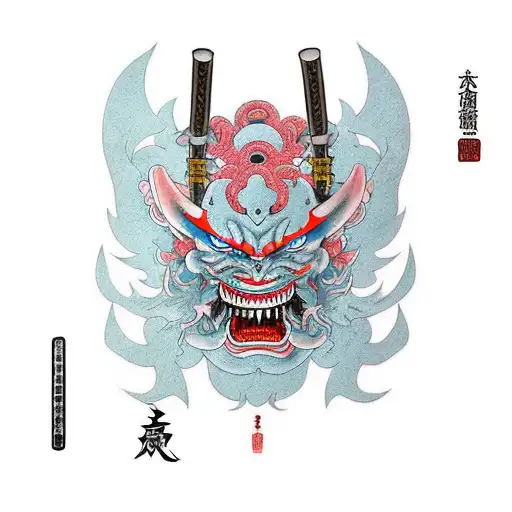 Color Mask Of Oni Deamon With Double Katana And Sakura