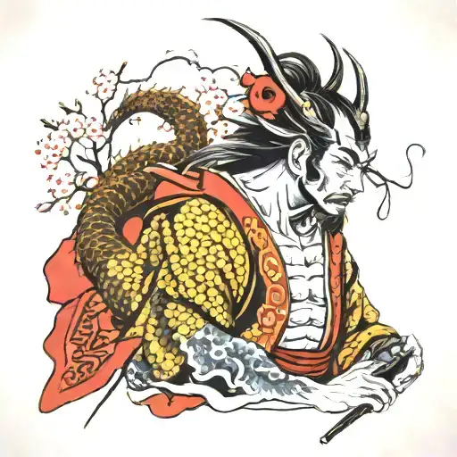 Samurai With A Cherry Tree And A Dragon