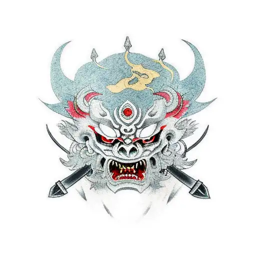 Color Mask Of Oni Deamon With Double Katana And Sakura