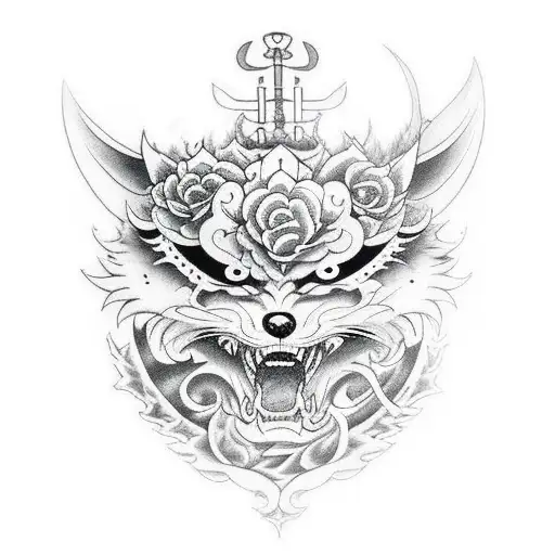 Kitsune Mask With Samurai Sword And Roses